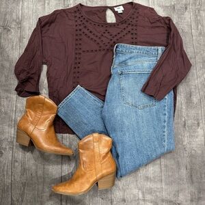 Old Navy Women's Medium Embroidered Deep Maroon Eyelet 3/4 Sleeve Blouse
